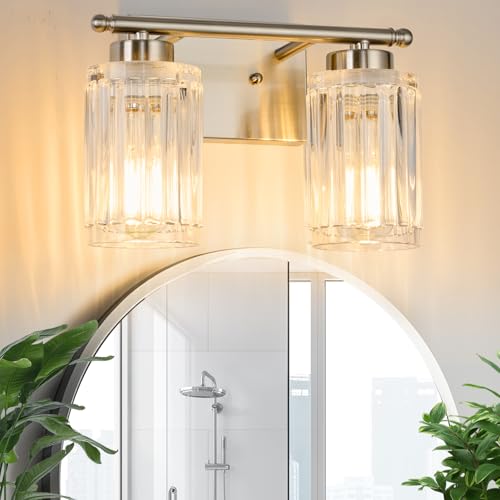 Image of 2 Light Bathroom Light Fixtures Modern Brushed Nickel 12 Inch Vanity Lights for Bathroom Lighting Fixtures Over Mirror with Thickened Glass Shade for Cabinet Mirror Bedroom Hallway