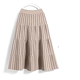 Damenmode Röcke - Schwarz-Weiß Gestreifter Strick-Plisseerock Für Damen Elastischer Hoher Bund Große Schaukel,Lose Casual Damen Lange Dicke Faltenröcke Winter,Alltagstauglich,Apricot,Einheitsgröße