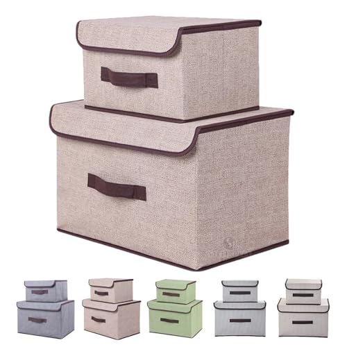 フタ付き 収納ボックス 蓋付き 折り畳み 布製 大容量 持ち運び 防塵通気性 耐久 省スペース 多用途収納 現代風 おしゃれ 36*23*24cm/25*19*16cm（カーキ） [並行輸入品]