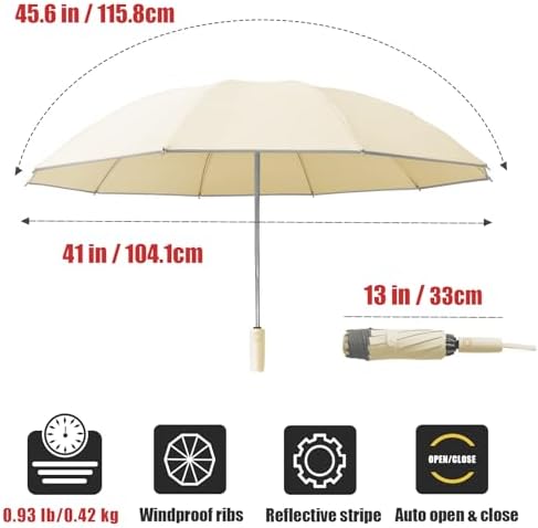 Fogkey Large Windproof Travel Umbrella, Portable Reverse Folding Car Umbrella, Compact Inverted Design with Waterproof Canopy, Automatic, 10 Durable Ribs, 45.6/13 Inch, Fits Backpack
