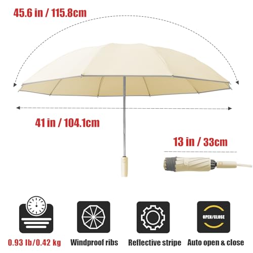Fogkey Large Windproof Travel Umbrella, Portable Reverse Folding Car Umbrella, Compact Inverted Design with Waterproof Canopy, Automatic, 10 Durable Ribs, 45.6/13 Inch, Fits Backpack