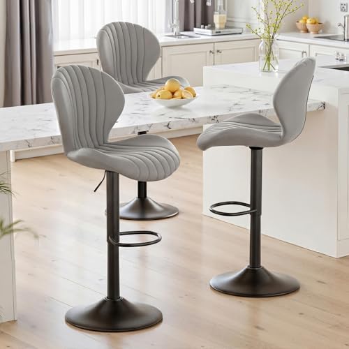 Butacos Giratorios Ajustables en Conjunto de 2, con Alto Respaldo y Tapizado en Tela, Fácil Montaje para Barra de Cocina o Isla, Butacos Cómodos para Barra Doméstica, Gris Claro miniatura 5
