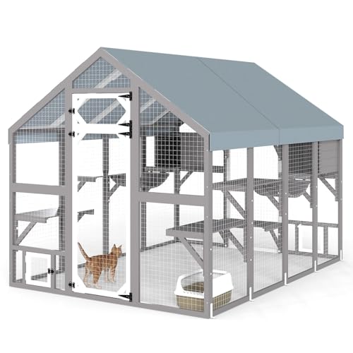 69.67" L Catio Outdoor Cat Enclosure,Large Walk-in Cat Catio with 8 Platforms,2 Hideouts for Playing,Sunbathing,Sleeping,Weatherproof Kitty Cage with