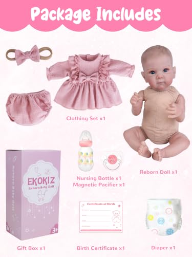Image of EKOKIZ Realistic 20-Inch Reborn Baby Doll, Weighted Lifelike Newborn Girl with Soft Cloth Body and Feeding Set, Gift for Ages 3+