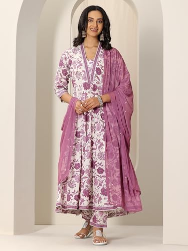 Image of Mauve floral printed anarkali kurta and printed palazzo with embellished dupatta | ethnic wear | bridal suit | occasion wear