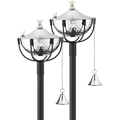 Legends Direct Set of 2, Maui Premium Metal Torch, 54" Tall- Tiki Style/w Snuffer, Fiberglass Wick & Large 32oz Oil Lamp for Deck, Patio, Lawn, Garden, Luau (Hammered Nickel) Cover