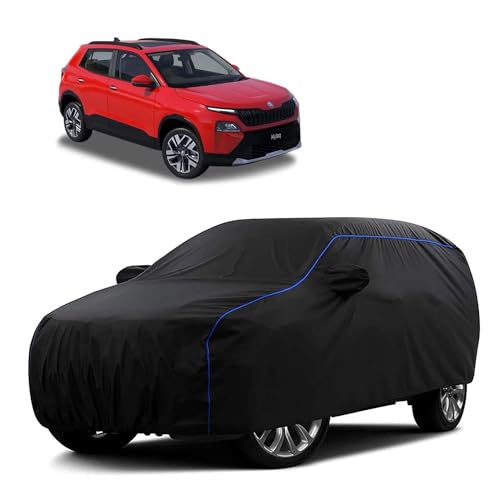 Image of Sulfar 100% Water Resistant Car Body Cover Compatible with Mirror for Skoda Kylaq (Triple Stitched, Full Bottom Elastic, Black Tafetta with Blue Piping)