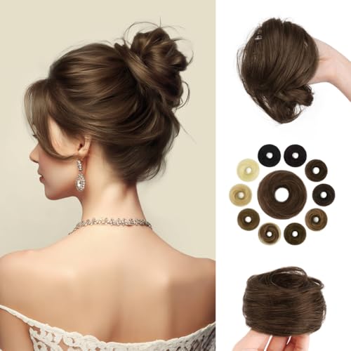 SOFEIYAN Human Hair Bun 100% Real Human Hair 16g Messy Bun Natural Tousled Stretchy Fluffy Donut Updo Elegant Chignon with Elastic Rubber Band Fake Bun Hair Piece for Women - Medium Brown