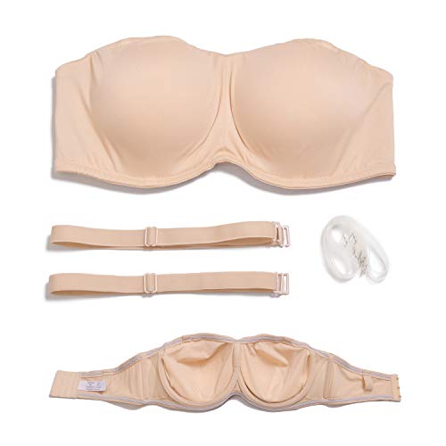 Dhx Women's Strapless Bandeau Bra Full Coverage Support Bras Removable Pads With Clear Straps, Beige, 34C #TOP6