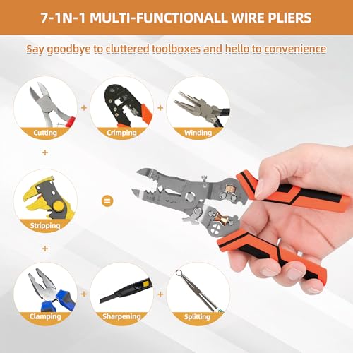 Image of Wire Stripper Cutter Crimping Tool - 9 in 1 Wire Stripper Tool with Cutter Crimper Function AWG 22-10 Wire Cutters Pliers for Wire Splitting,Stripping,Cutting,Crimping, Clamping,Winding,Sharpening