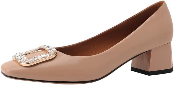 TinaCus Square Toe Handmade Rhinestone Buckle Genuine Leather Women's Block Low Heels Trendy Pumps Shoes