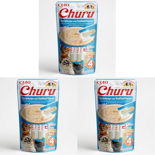 INABA Churu - Premios para Gatos - Snacks Saludables Atún con Marisco - Textura Cremosa - Sin Cereales, Conservantes, Colorantes - Sólo 6 Cal - 4x14g (56g) (Paquete de 3)