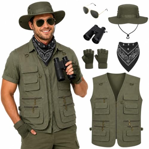 LKMXD Safari Costume for Men - Zookeeper Costume with Vest Hat Neck Scarf Binocular Sunglasses and Gloves, Halloween Outfit