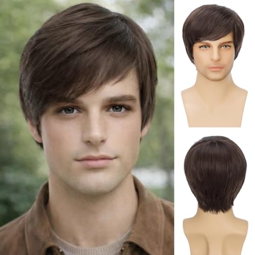 Daiaces Mens Wig Short Brown Handsome Male Wig Short Hair Guy Layered Daily or Halloween Cosplay Party Costume