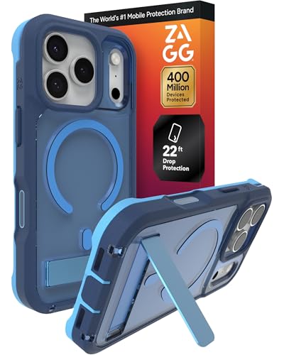 Image of ZAGG Rainier Case with Kickstand for iPhone 17 Pro - Blue Cobalt Horizon, Graphene 22ft (7m) Drop Protection, Lanyard Attach Points, MagSafe, Wireless Charging Compatible, 2-Piece Design, Phone Case
