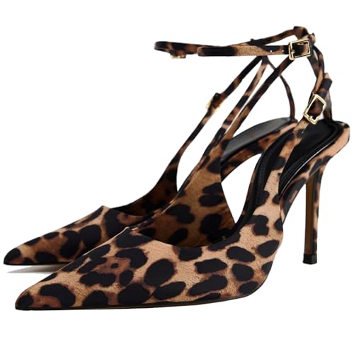 YIYA Women's Leopard Print Slingback Kitten Heels Pumps Sexy Pointed Toe Stiletto High Heels Ankle Strap Party Dress Shoes