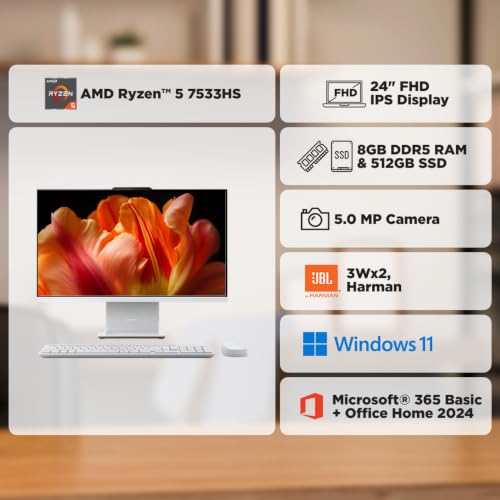 Image of Lenovo IdeaCentre AIO Ryzen 5 7533HS 23.8 inch FHD IPS All-in-One Desktop (8GB RAM /512GB SSD /Win11 /Microsoft 365 Basic + Office 2024 /3Wx2 Speakers /5MP+IR Camera /Wireless Keyboard & Mouse), F0HR00CFIN