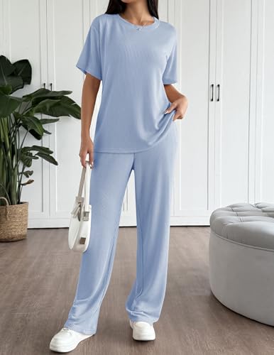 Ekouaer Lounge Set for Women 2 Piece Sets Outfits Top and Long Pants Ribbed Textured Knit Matching Pajamas with Pockets2