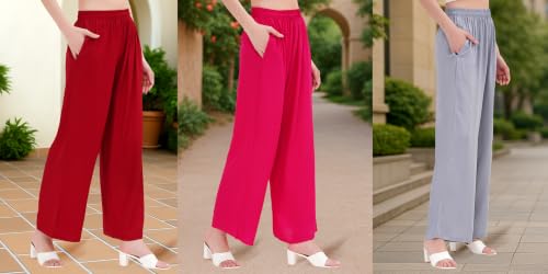 Image of Buy That Trendz Palazzo Pants for Women Rayon Elasticated Regular Fit Flared Wide Leg M to 6XL Pack of 3