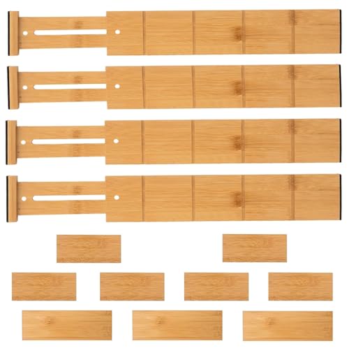 4 Pack Bamboo Drawer Dividers with 9 inserts – 16.3-22 Inches Expandable and Adjustable Drawer Dividers with Non-Skid Grip