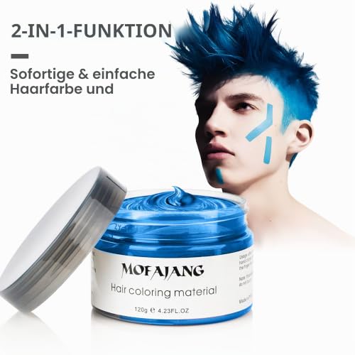 Foto von Temporäre Haarfarbe Blau Haarfarbe, Styling Haartone für Männer Frauen, Natürliche Frisur Pomade, Temporäre Haarfärbemittel Wachs für Party, Cosplay & Halloween, 4,23 Unzen (Blau)