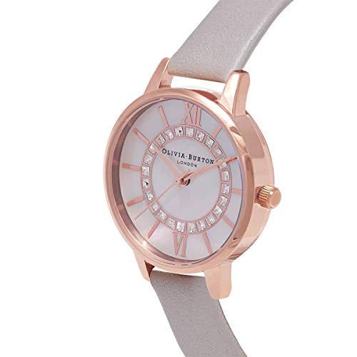 Image of Olivia burton Wonderland Qtz Basic White Mother of Pearl & Stone Round Dial Women's Watch|Steel Grey Leather Material|Grey Color Band - OB16WD92