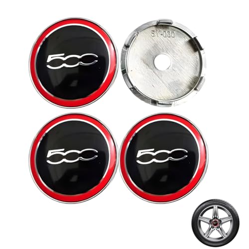 GXGM 4 Piezas de 60 mm para Tapacubos Fiat 500,Para Accesorios Fiat 500, Adecuadas para Modificar la Tapa Central de la Cubierta de la Rueda del Coche (Negro con Borde Rojo)