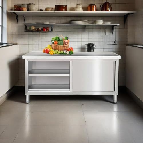 Stół kuchenny ze stali nierdzewnej – komercyjny stół warsztatowy do gastronomii i przygotowywania żywności w restauracji, 80 x 60 x 80 cm, konstrukcja drzwi przesuwnych