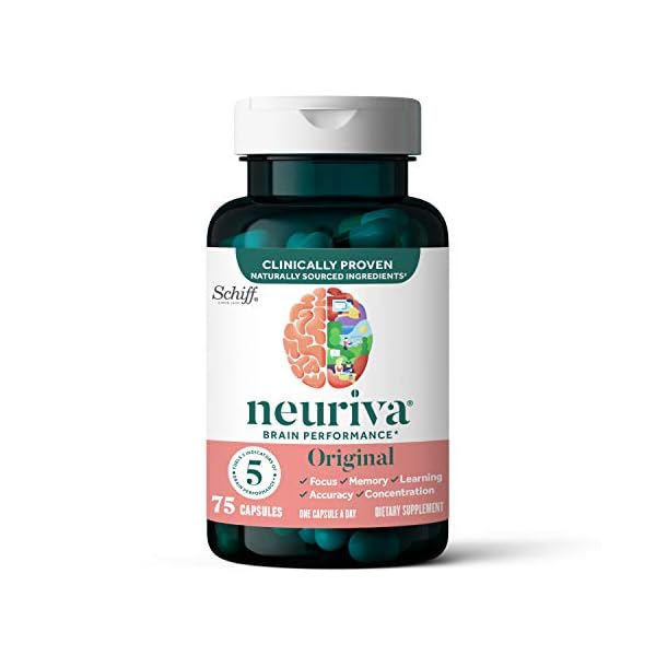 NEURIVA Original Brain Supplement for Memory, Focus & Concentration + Learning & Accuracy with Clinically Tested Nootropics Phosphatidylserine and Neurofactor, Caffeine Free, 75ct Capsules