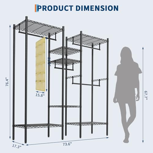 Heavy Duty Clothes Rack, Clothing Racks for Hanging Clothes, Freestanding Garment Racks with Shelves, Adjustable Closet Racks, 73.6" L x 17.3" W x 76.4" H, Max Load 1000LBS, Black - image 6