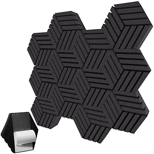 Troystudio Hexagon Self-Adhesive Acoustic Studio Absorption Foam Panels, 13.8 X 11.8 X 1 Inches 12 Pcs Sound Absorbing Foam, Echo Sound Absorber, Groove Decorative Wall Panels For Recording Studio #TOP24