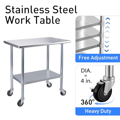 Image of ROCKPOINT Stainless Steel Table for Prep & Work with Caster Wheels 18x72 Inches, NSF Metal Commercial Kitchen Heavy Duty Table with Adjustable Under Shelf and Table Foot for Restaurant, Home and Hotel