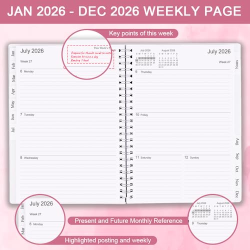 Planner 2026, Monthly Planner Runs January 2026 to December 2026, Calendar Planner with Sturdy PP Cover, Weekly Planner 2026, Laminated Tabs, Twin Wire Binding, Elastic Bond, A5 Monthly Planners 2026