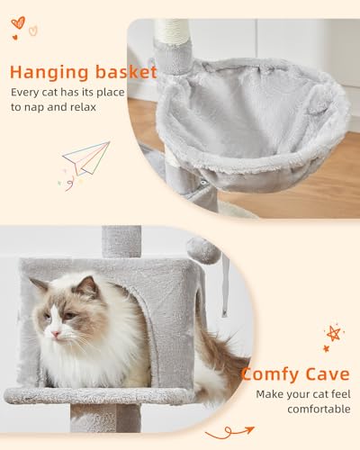 Image of Taoqimiao Cat Tree, 49In Cat Tower for Indoor Cats Large Adult | 2 Luxurious Cat Condos, Thick Padded Top Perch, Adjustable Hanging Baskets, 5 Scratching Sisal Posts, Light Gray MS029LW