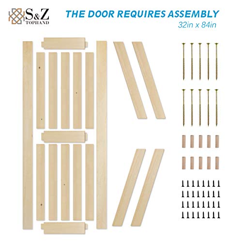 Image of S&Z TOPHAND 32in x 84in Unfinished British Brace Knotty Barn Door with Sliding Hardware Kit /Solid Wood /Sliding Door /Double Surfaces /A Simple Assembly is Required