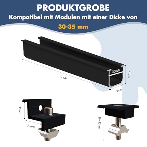 Xkzhrr Solarmodul Halterung für 2X Module, PV Halterung Montageset - 12CM Schwarze Schiene + 30-35mm Verstellbare, Halterung Solarpanel für Flachdach Trapezdach Blechdach
