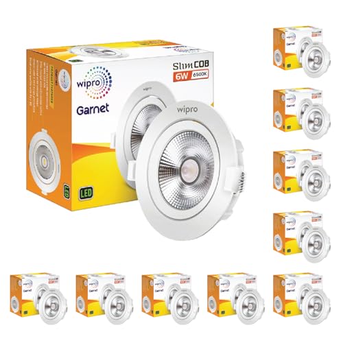 Image of wipro Garnet 6 W Slim COB Downlight for False Ceiling | Cool Day White (6500K) | Ceiling or Cabinet Light with Adjustable Optics | Pack of 10