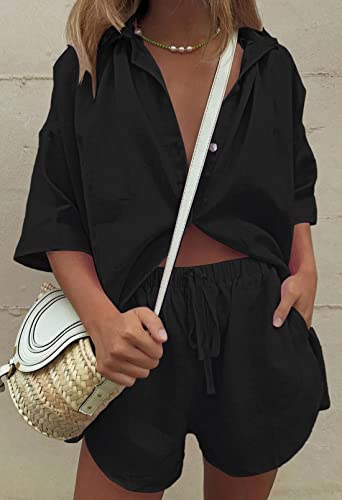 Image of Fixmatti Women 2 Piece Outfits Long Sleeve Button Down Blouse and Shorts Sweatsuit Sets