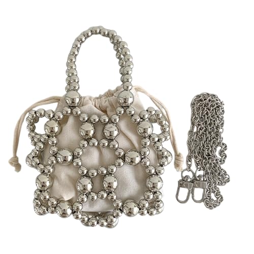 Sac tissé main perles acryliques creuses vintage chic pour femme avec cordon