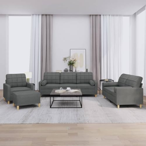 CINDERFUL 4-TLG. Sofagarnitur mit Kissen Dunkelgrau Stoff,Bequeme Sitzgarnitur in Dunkelgrau XXL Sofa mit Fußhocker für Wohnzimmer & Gästezimmer Möbel, Wohnzimmer