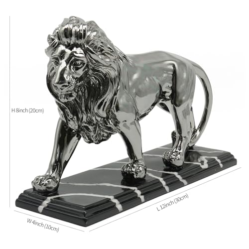Majestätischer Löwenkopf mit feiner Mähne auf schwarzer Harz-Basis - Detailansicht von JoResona Silber Löwen Skulptur...