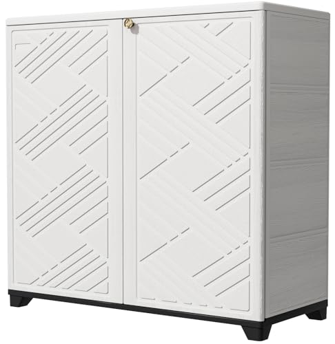 Image of KINYING Outdoor Storage Cabinet Waterproof with 2 Shelves, 60 Gallon Resin Storage Shed for Patio /Garden /Backyard, Outdoor Storage Box for Cushions,Garden Tools and Pool Supplies,White