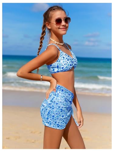Image of OYOANGLE Girl's 3 Piece Bikini Sets Floral Print Spaghetti Straps Cute Swimsuits with Beach Skirt Bathing Suits