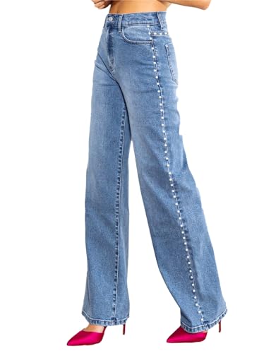 Kedera Women's High Waisted Jeans Stretchy Pearl Beaded Jeans Wide Leg Casual Denim Trousers Y2K Trendy Baggy Pants