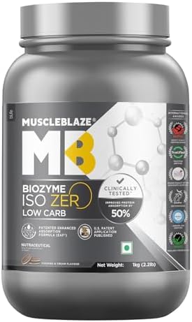MuscleBlaze Biozyme Iso-Zero Whey Protein Isolate Powder, 1kg (2.2lbs)