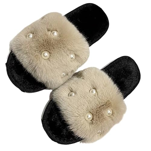 Women's Fluffy Fuzzy Slippers Memory Foam Open Toe Pearl Comfy House Slippers Cozy Faux Fur Soft Plush Home Slides Anti-Skid Indoor Outdoor Home Bedroom for Women Girls