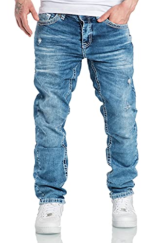 Amaci&Sons Herren Dicke Nähte Destroyed Jeans Regular Slim Denim Hose Fit 7983WC Hellblau W32/L34