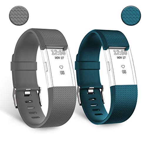 BICASLOVE - Correa de Repuesto para Fitbit Charge 2, Correa Deportiva de Silicona Ajustable, Disponible en 12 Colores para Mujeres y Hombres (2 Unidades Gris + Verde Oscuro)