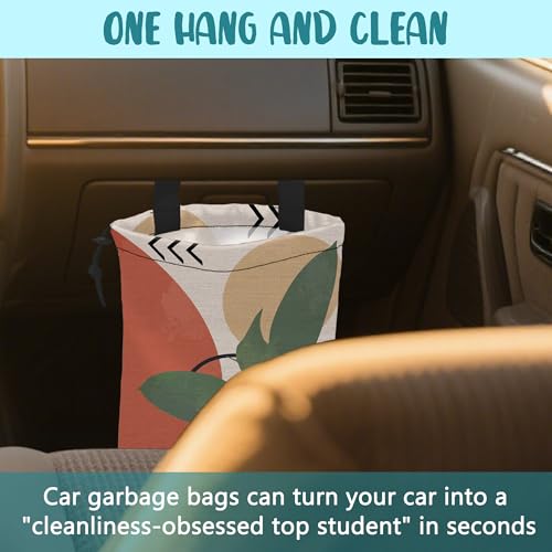 Image of Car Garbage Bag Vintage Ink Floral and Geometric Drawstring Car Trash Bag Hanging for Back Seat with Adjustable Buckle Canvas Vehicle Trash Can Easy-to-Install