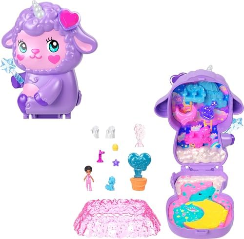 Polly Pocket bebekler ve oyun seti, kuzucuk şeklinde taşınabilir Rüyalar Diyarı mini oyun seti, 1 mikro bebek, tek boynuzlu at figürü, yiyecek ve moda tasarımı aksesuarları, JCB15 - Görsel 1